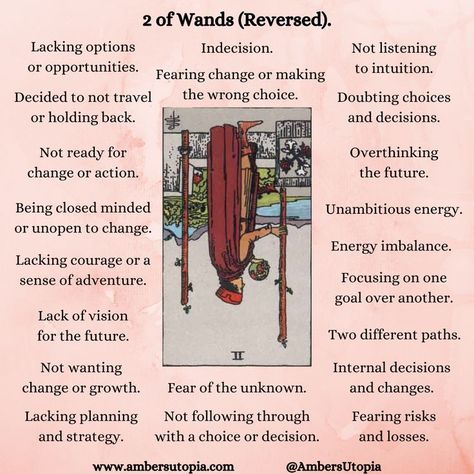 The meanings of the Two of Wands from the tarot deck. These tarot card meanings can apply to general, financial, love, and relationship questions as these are the most common and popular meanings associated with the 2 of wands. 

Wands represent passion, energy, and actions, and the 2 of wands represents duality and decisions.

#2ofwands #Twoofwands #tarotcardmeanings #tarot #tarotcards #tarotmeanings 2 Wands Tarot Meaning, 2 Of Wands Reversed, Suit Of Wands Tarot, 2 Of Wands, Tarot Cheat Sheet, Love Tarot Spread, Suit Of Wands, Tarot Wands, Two Of Wands