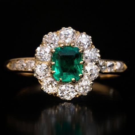 Antique Victorian Era Emerald Diamond Cluster Ring Ref: 812447 Antique Rings Victorian, Colombian Emerald Ring, May Birthstone Rings, Cushion Cut Ring, Faberge Eggs, Cushion Ring, Victorian Rings, May Birthstone, Antique Design