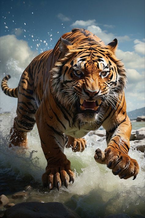 Tiger Attacking, Tiger Spirit Animal, Tiger Attack, Tiger Artwork, Tiger Drawing, Tiger Painting, Modern Graphic Art, Tiger Pictures, Really Cool Drawings