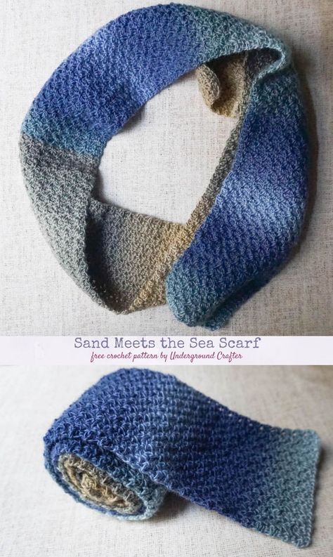 Free pattern: Sand Meets the Sea Scarf in King Cole Riot DK #yarn by Underground Crafter | This simple #crochet scarf pattern has wonderful drape. Use two different skeins of self-striping yarn for subtle color changes without a lot of ends to weave in. #undergroundcrafter #KingCole #KingColeCreations #KingCole #KingColeYarn #KingColeAmbassador #simplecrochetscarfpattern #scarfofthemonth Simple Crochet Scarf Pattern, Simple Crochet Scarf, Crochet Flats, Crochet Scarf Pattern, Local Yarn Shop, Crochet Cowl Pattern, Crochet Scarf Pattern Free, Simple Crochet, All Free Crochet