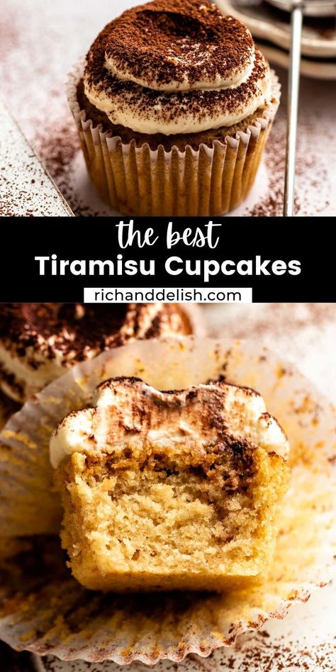 Meet your new obsession: tiramisu cupcakes. They are made with a soft espresso cupcake soaked in coffee, and topped with mascarpone cream. Bunko Food, Espresso Mascarpone, Desserts Italian, Italian Treats, Tiramisu Trifle, Tiramisu Cupcakes, Mascarpone Recipes, Italian Tiramisu, Holiday Sweets