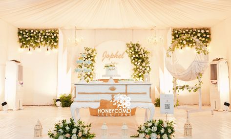 Baptism Stage Decoration, White Floral Decor, Holy Communion Cakes, Baptism Decorations, Communion Cakes, Stage Decoration, Naming Ceremony, Stage Decorations, Hindu Wedding