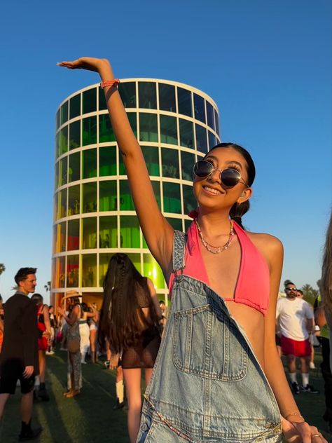 coachella outfit overalls pink bikini top rainbow tower spectra Pink Coachella Outfit, Overalls Pink, Coachella 2024, Coachella Outfit, Art Inspo, Overalls, Tower, Rainbow, Pink