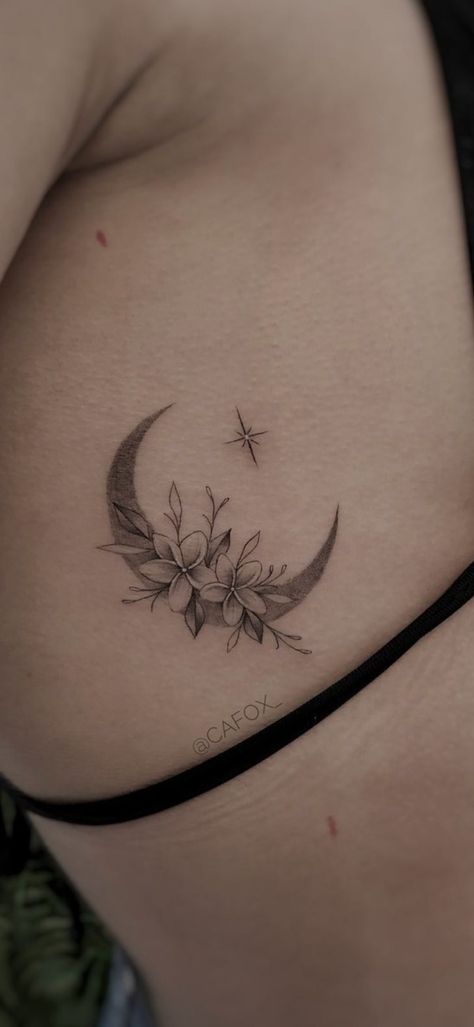 Moon And Flower Tattoo Shoulder, Womens Moon Tattoos, Pretty Moon Tattoos For Women, Floral Moon And Stars Tattoo, Feminine Moon Tattoo Designs, Moon And Stars Rib Tattoo, Moon Stars And Flowers Tattoo, Moon Lavender Tattoo, Flower Crescent Moon Tattoo