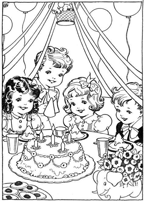 coloring page! Vintage Coloring Pages, Vintage Birthday Parties, Kids Colouring, Vintage Coloring Books, Colorful Birthday Party, Birthday Coloring Pages, Vintage Birthday, Painted Books, Digi Stamps