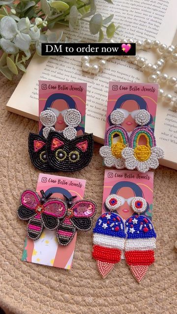 Ciao Bella: Handmade & Indian Jewellery on Instagram: "Let’s add some more colours & quirkiness to your outfits this summer! 🎉🌈💖 Item 1: Quirky Cat Earrings: ₹249 + Shipping Item 2: Rainbow Earrings: ₹249 + Shipping Item 3: Black & Pink Bumblebee Earrings: 249 + Shipping Item 4: Ice Cream Cone Earrings: ₹249 + Shipping DM to order . . . #statementearrings #quirky #quirkyearrings #bohoearrings #chicearrings #quirkyjewellery #onlineshopping #shop #paperjewellery #shoppingonline #handmadejewelle Seed Bead Embroidery Earrings, Handmade Bead Earrings, Fabric Bracelets Diy, Handmade Earings, Earrings Diy Handmade, Diy Crafts Love, Diy Fabric Jewellery, Beaded Earrings Tutorials, Quirky Earrings