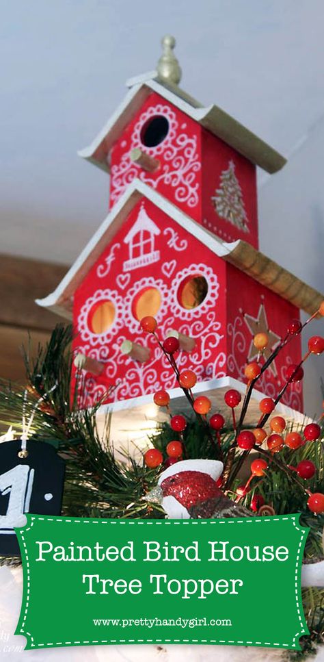 Painted birdhouses are adorable gifts and very frugal. Check out this easy tutorial from Pretty Handy Girl! | DIY painted bird house tree topper | Pretty Handy Girl | #prettyhandygirl #diyholidaydecor #holidaydecor #christmastreetopper #diychristmasdecor #christmasdecor #DIY #craft #tutorial Painting Bird Houses, Rustic Tree Topper, Easy Diy Thanksgiving Decorations, Diy Tree Topper, Wall Tree, Thanksgiving Decorations Diy, Christmas Village Houses, Bird Houses Painted