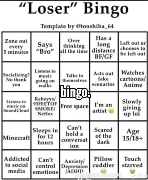 Loser Bingo, Infp Bingo, Bingo Funny, Funny Charts, Bingo Template, Infp T, Bingo Board, Would You Rather, Free Space