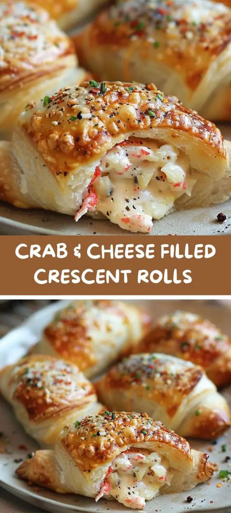 Crab & Cheese Filled Crescent Rolls Party Food Crescent Rolls, Venison Stuffed Crescent Rolls, Crab Filling Recipe, Seafood Tailgate Recipes, Crab Crescent Rolls Appetizers, Crab Crescent Rolls, Crab Wraps Recipes, Crab Recipes For Dinner, Cresent Roll Sheet Recipes Pillsbury