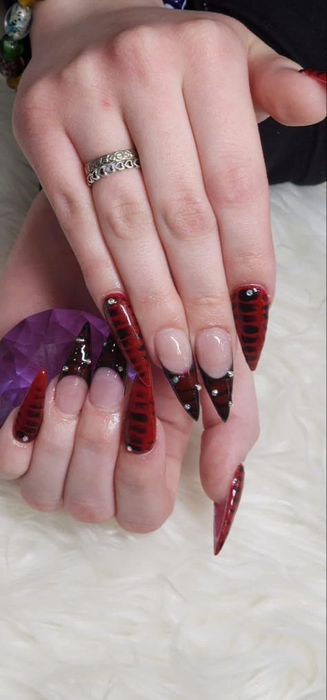 Stiletto red&black snake print nails Black Snake Print Nails, Snake Print Nails, Snake Skin Nails, Red And Black Snake, Gel Polish Designs, Print Nails, Black Snake, Snake Print, Gel Polish