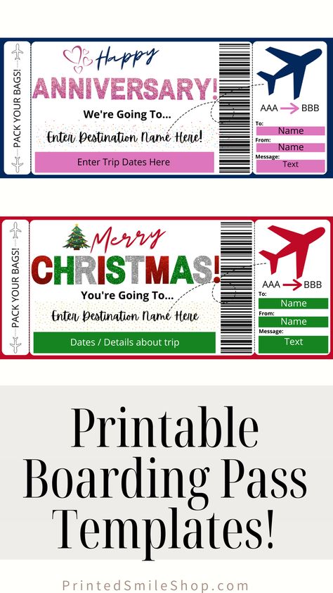 Printable boarding pass templates for any occasion! Surprise flight, road trip reveal, printable train ticket, flight ticket template, and more! Airplane Tickets Printable, Boarding Passes Template Free, Printable Plane Ticket Template Free, Road Trip Ticket Template, Airline Ticket Template Free Printables, Plane Tickets Template, Surprise Flight Tickets Gift, Airplane Ticket Template Printable Free, Fake Boarding Pass Template