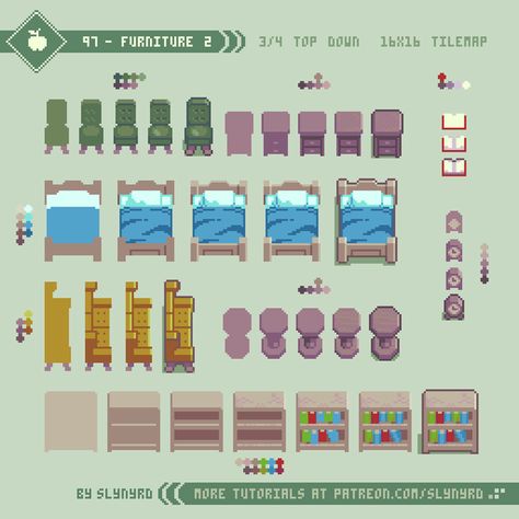 Tutorial - 97 - Furniture 2 | Slynyrd on Patreon Pixel Furniture, How To Pixel Art, Top Down Game, Art Cube, Kare Kare, Piskel Art, Pixel Art Tutorial, Cool Pixel Art, Pixel Drawing