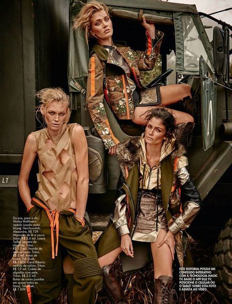 Shirley Mallmann, Caroline Ribeiro & Luana Teifke for Elle Brazil May 2015 Mad Max Fashion, Caroline Ribeiro, Warrior Fashion, Apocalypse Fashion, Military Chic, Vogue Brazil, Post Apocalyptic Fashion, Apocalyptic Fashion, Steven Meisel