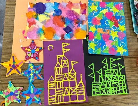 1st Grade Shape Art Lesson, Art Centers Kindergarten, Kindergarten Shape Art Lesson, Shape And Form Art Projects, Kindergarten Shape Art Projects, Shape Art Lessons Elementary, Kindergarten Shape Art, Shape Art Preschool, 2d Shape Art