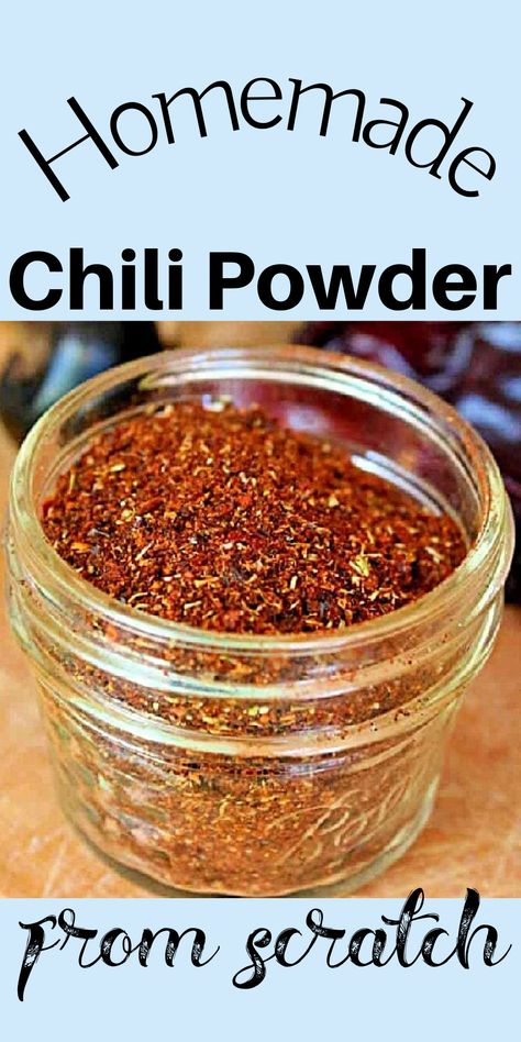 A jar of homemade chili powder on a table. Chili Powder Recipe, Homemade Chili Powder, Chili Seasoning Recipe, Homemade Chili Seasoning, Homemade Chilli, Homemade Dry Mixes, Ancho Chili Powder, Spice Blends Recipes, Chile Peppers