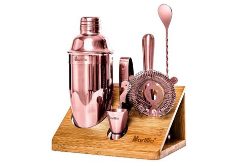 Copper Elite Mixology Bartender Kit Cocktail Shaker Set by Barillio: Rose Gold Drink Mixer Set with Bar Tools, Sleek Bamboo Stand, Velvet Carry Bag & Recipes Booklet Small Bartender Kit Rose Mixology Set, Mixology Bar, Bartender Kit, Gold Drinks, Lovely Gift Ideas, Home Bar Accessories, Bar Spoon, Cocktail Shaker Set, Pink Cocktail