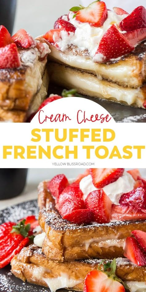 Thick slices of sweet, egg soaked bread cooked until golden, stuffed with sweet cream cheese - Stuffed French Toast is the best breakfast or brunch treat! Easy Stuffed French Toast, Cream Cheese Stuffed French Toast, Stuffed French Toast Cream Cheese, Stuffed French Toast, French Toast Breakfast, Breakfast Sweets, Cheese Stuffed, Sweet Cream, Delicious Breakfast Recipes