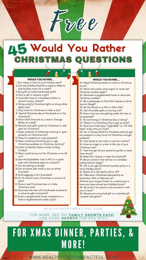 free printable of 45 would you rather questions for Christmas Christmas Would You Rather Adult, Christmas Would You Rather Questions, Christmas Would You Rather For Kids, Would You Rather Christmas Questions, Christmas Games For Family Funny Free Printable, This Or That Christmas Edition, Christmas Questions For Adults, Christmas Would You Rather, Gingerbread Bash