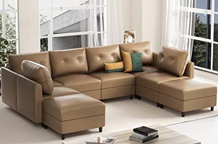 LLAPPUIL Modular Faux Leather Fabric Sectional Sofa with Reversible Chaise, 8 Seater U Shaped Sectional Couch with Storage, Oversized Modern Sofa Set with Ottoman for Living Room, Cognac Couch With Storage, U Shaped Couch, U Shaped Sectional Sofa, High Quality Sofas, Modern Sofa Set, Modular Couch, Fabric Sectional Sofas, U Shaped Sofa, U Shaped Sectional