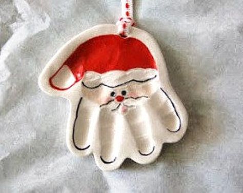 Santa Handprint Ornament, Clay Handprint, Santa Handprint, Handprint Ornaments, Baby Christmas Ornaments, Baby Handprint, Footprint Art, Handprint Crafts, Baby Ornaments