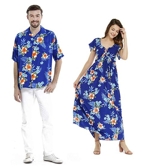 Couple Matching Hawaiian Luau Aloha Shirt Maxi Ruffle Sleeve Dress in Hibiscus at Amazon Men’s Clothing store Hawaiian Cruise, Couple Matching Outfits, Blue Hibiscus, Dress Rayon, Hawaiian Luau, Matching Couple Outfits, Shirt Detail, Ruffle Sleeve Dress, Couple Matching