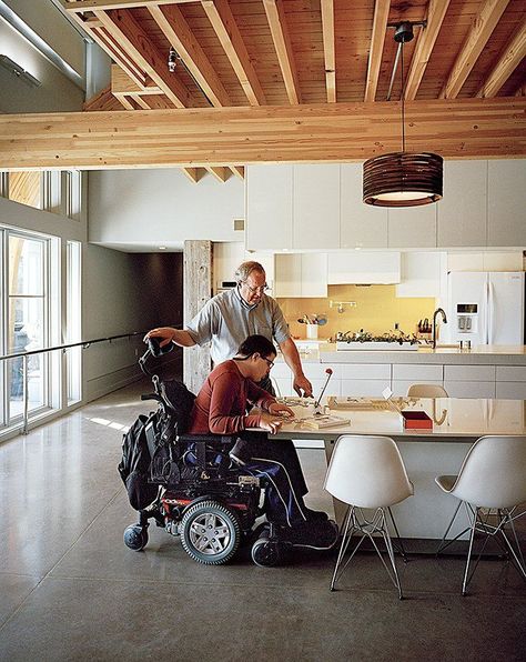 Ed Slattery, seen here with his son Matthew, wanted to create a sustainable home that is accessible without feeling like a hospital. #dwell #baltimore #adaaccessiblehome #accessiblehome #homerenovation Accessible House Plans, Accessible Homes, Accessible Home, Accessible House, Accessible Kitchen, Accessible Design, Wheelchair Friendly, Barrier Free, Inclusive Design