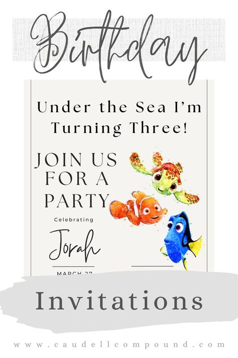 Minimalist finding nemo birthday party invite Finding Nemo Birthday Invitations, Finding Dory Birthday Party, Dory Birthday Party, Finding Dory Birthday, Nemo Birthday Party, Dory Birthday, Finding Nemo Birthday, Turning Three, Nemo Birthday