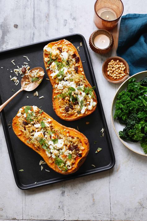 Stuffed butternut squash with feta Stuffed Butternut Squash, Stuffed Butternut, Butternut Squash Risotto, Butternut Squash Recipes, Roasted Squash, Delicious Vegetables, Butternut Squash Soup, Roasted Butternut, Roasted Butternut Squash