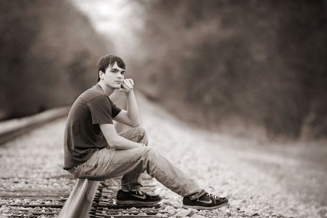 Boy Senior Pictures Railroad Tracks, Senior Picture Ideas For Guys Train Tracks, Railroad Photography Poses Men, Railroad Tracks Senior Pictures, Train Track Senior Pictures Guys, Railroad Senior Pictures Guys, Senior Railroad Pictures, Senior Photos Train Tracks, Train Track Photoshoot Men