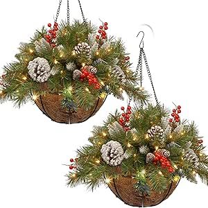 Christmas Hanging Baskets, Christmas Tree In Basket, Porch Front Door, Holiday Baskets, Christmas Hanging Decorations, Christmas Hanging, Christmas Baskets, Christmas Greenery, Christmas Decorations Rustic