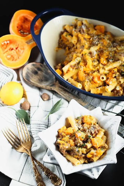 Sausage Butternut Squash Pasta- Smothered in a delicious parmesan cream sauce which gets part of its creaminess from the squash. With rigatoni and a touch of sage, this pasta dish is delicious. It's also a great make-ahead recipe! #cookingandcussing #makeahead #pasta #pastabake #butternut #italiansausage #italiansausagepasta #dinnerrecipes fall butternut squash dinner ideas // easy weeknight recipes // italian sausage pasta Squash Dinner Ideas, Recipes Italian Sausage, Butternut Squash Dinner, Ground Italian Sausage Recipes, Sausage Butternut Squash, Creamy Garlic Chicken Pasta, Squash Dinner, Butternut Squash Recipes Pasta, Butternut Squash Sausage