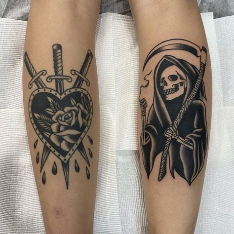 Old Traditional Tattoo, Back Of Leg Tattoos, Traditional Tattoo Drawings, Old School Tattoos, Traditional Black Tattoo, Noosa Heads, Traditional Tattoo Inspiration, Traditional Tattoo Sleeve, Elbow Tattoos