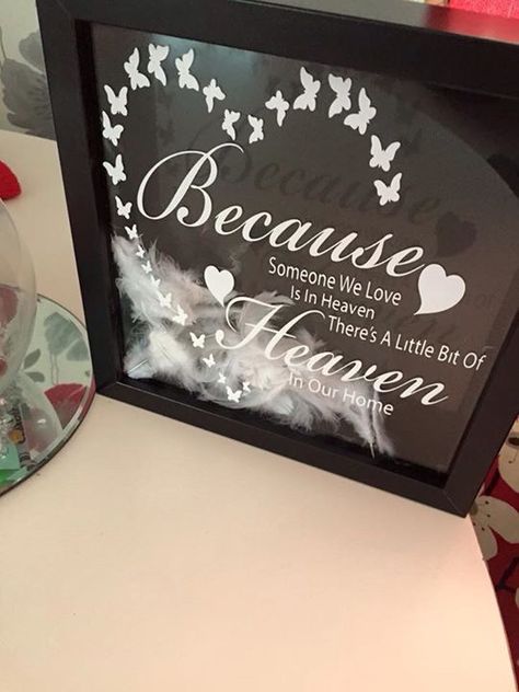 Memory Cricut Ideas, In Memory Of Shadow Box Ideas Mom, Feather Shadow Box Ideas, Memorial Cricut Projects, Shadow Frame Ideas, Memorial Frame Ideas, Floating Frame Ideas, Shadow Box Ideas Memorial, Memory Shadow Box Ideas