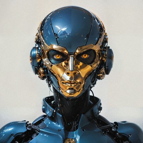 A cyborg with blue metal body and golden face plate Robot Portrait, Scifi Robot, Power Armor, Machine Head, Cyberpunk Art, No 8, Generative Art, Character Designs, Robotics