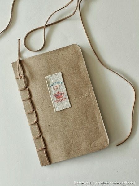 Recyled Grocery Bag Book - Fiskars Art Tools via homework #shop Paper Bag Books, Book Binding Diy, Book Diy, Bookmaking, Fabric Journals, Handmade Book, Paper Book, Diy Journal, Handmade Journals