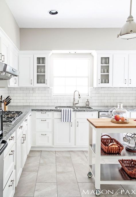 white kitchen with subway tile and gray granite | maisondepax.com Classic White Kitchen, Revere Pewter, Decor Ikea, Versace Home, Kitchen Tile, Kitchen Redo, Tiny Kitchen, Counter Tops, Kitchen Remodel Idea