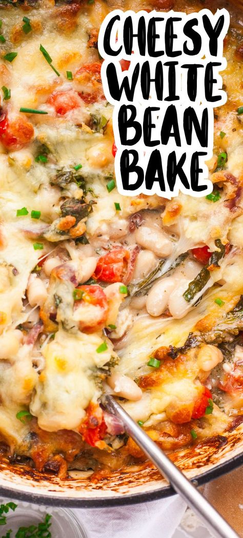 An easy vegetarian white bean bake - protein packed, healthy and delicious with lots of cheese, kale and cherry tomatoes! This is the perfect recipe if you're looking for new ideas to enjoy white beans. White Bean Tomato Bake, White Bean Tomato, Bean Bake, Tomato Bake, Meatless Dinners, Cooking Tomatoes, Baked Tomatoes, Meatless Dinner, Best Vegetarian Recipes