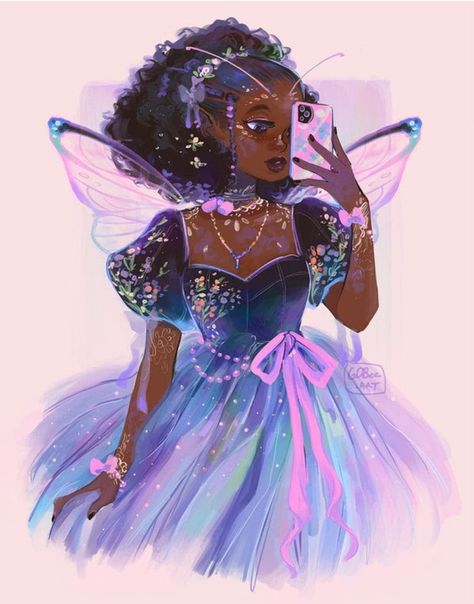 Black Fairy, Black Art Pictures, Art Style Inspiration, Cartoon Art Styles, Illustration Print, Pretty Art, Black Art, Artist Art, Art Pictures