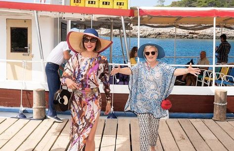 "'SOPHIEEEEEE!!!!' Tanya and Rosie arrive in style on the island of Kalokairi. Photographed on lo cation in Vis, Croatia | @jonathanstills Rosie Mamma Mia Outfit, Rosie Mamma Mia, Rosie Outfit, Waiter Outfit, Donna Sheridan, Christine Baranski, Does Your Mother Know, Julie Walters, Best Halloween Movies