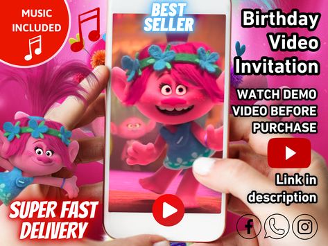 Trolls Invitation, Poppy Birthday, Hello Party, Poppy Trolls, Trolls Poppy, Animated Invitations, Trolls Movie, Music Birthday, Digital Invite