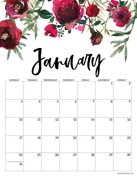 Free Birthday Banner, Printable Calendar Pages, Paper Trail Design, Free Printable Calendar Templates, Flower Calendar, January Calendar, To Do Planner, Trail Design, Floral Planner