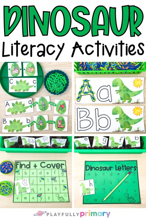 Dinosaur literacy activities are perfect for preschool, pre-k, tk, homeschool, and kindergarten morning work tubs, busy bins, early finishers, and Montessori. Great for beginning sounds, letter recognition, letter formation, and alphabet practice. Dinosaur Literacy Activities Preschool, Dinosaur Literacy Activities, Tk Homeschool, Kindergarten Morning Work Tubs, Dinosaurs Activities, Craft Dinosaur, Phonics Display, Busy Bins, Dinosaur Classroom