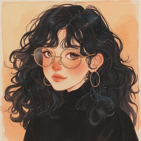 🎨💫Charming Illustrations with Midjourney Prompts: Click the Link in my Profile👉🔗 Round Glasses Drawing, Girl With Glasses Art, Astronomy Necklace, Curly Hair Cartoon, People With Glasses, Woman With Glasses, Brown Hair Green Eyes, Illustration Art Drawing, Illustration Art Girl