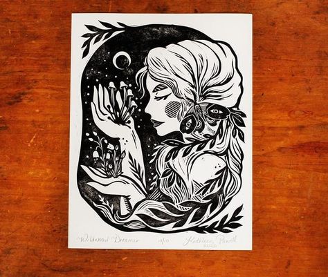 Kathleen Powell shared a post on Instagram: “"Wildwood Dreamer" linocut print.🌿🌾💕 Now in my shop! Kelpiekraft.etsy.com . . . #linocut…” • Follow their account to see 336 posts. River Nymph, Folklore Art, Lino Art, Linocut Art, Flora Fauna, Art Fantasy, Fairytale Art, Sgraffito, Fantasy Illustration