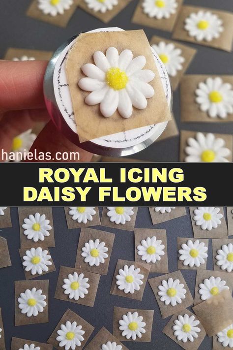 How To Make Icing Daisies, Royal Icing Flowers Recipe, Daisy Royal Icing Transfers, Royal Icing Flowers Tutorial How To Make, How To Make Daisy Cupcakes, Frosting Flowers Easy, Daisy Icing Flowers, Royal Icing Daisies, Easy Royal Icing Flowers