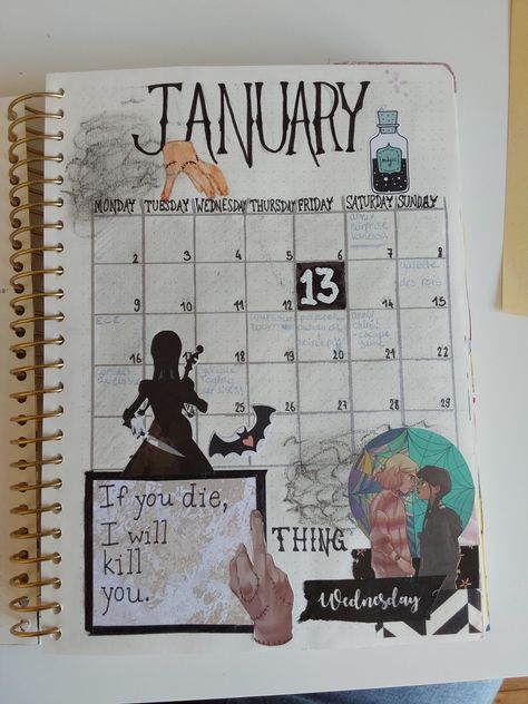 Wednesday Addams Journal, January Bujo, Bullet Journal Page, Drawing Journal, Sunday Monday Tuesday, Monday Tuesday Wednesday, Planner Ideas, Wednesday Addams, Bullet Journal Inspiration