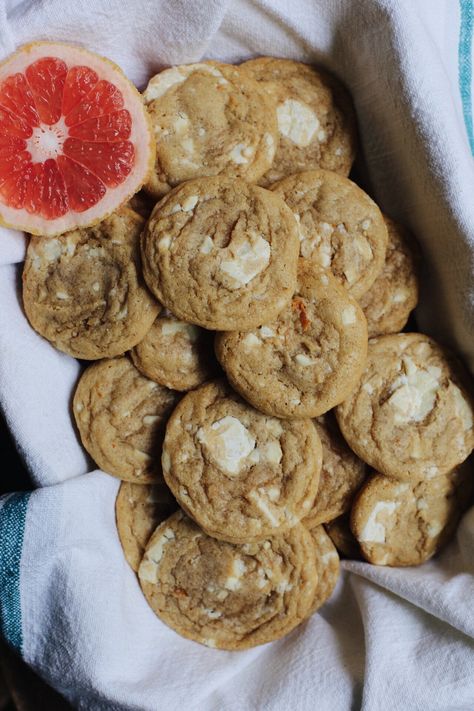 GRAPEFRUIT WHITE CHOCOLATE COOKIES — The Vivid Kitchen Grapefruit Cookies, Treat Business, Grapefruit Recipes, Cookie Board, White Chocolate Cookies, Choc Chip Cookies, Brownie Bar, Food Dessert, Cookie Scoop