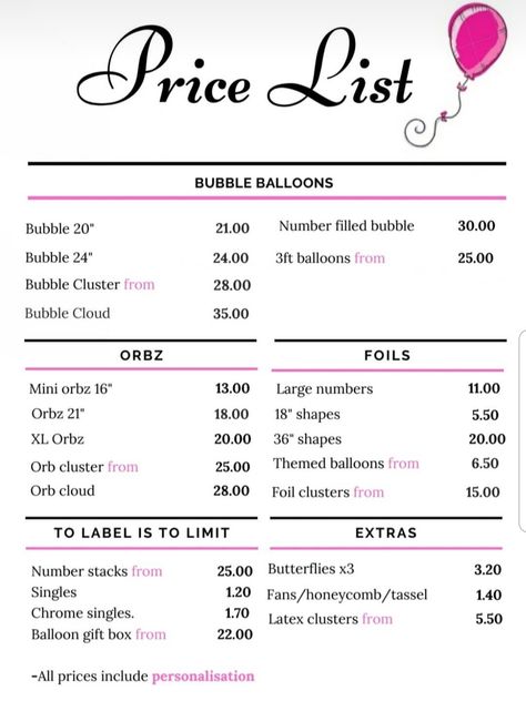 Ballon Size Chart, Balloon Price Guide, Balloon Arch Calculator, Balloon Garland Invoice, Party Planning Pricing Packages, Balloon Business Pricing, Balloon Price List Template, Balloon Company Name Ideas, Balloon Arch Price List