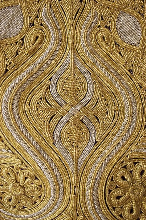 Detail of gold embroidered work on vest Pirpiri, Ottoman, late... Painting Outfit, Goldwork Embroidery, Haute Couture Embroidery, Gold Work Embroidery, Midas Touch, Couture Embroidery, Gold Work, Gold Embroidery, Antique Textiles