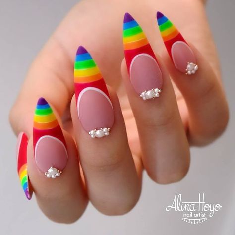 Summer Nails Rainbow, Nails Rainbow, Rainbow Nails Design, Rainbow Nail, Neon Glitter, Latest Nail Designs, Amazing Nail Designs, Floral Nail Designs, Stiletto Nails Designs